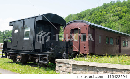 Cars and caboose in front of the former JR Kamisunagawa Station 2 Cars and caboose in front of the former JR Kamisunagawa Station 2 116422594