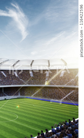 Vertical image. 3D render of soccer stadium with empty field,k filled tribune with fans before game. Clear sky on daytime Vertical image. 3D render of soccer stadium with empty field,k filled tribune with fans before game. Clear sky on daytime 116422596