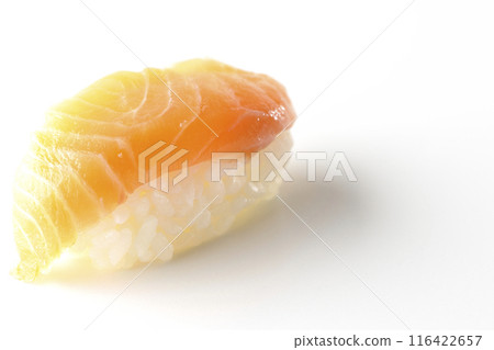 Salmon nigiri photographed on a white background 116422657