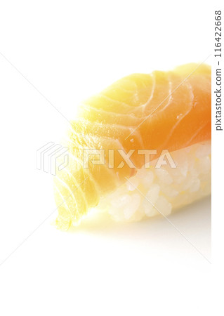 Salmon nigiri photographed on a white background 116422668