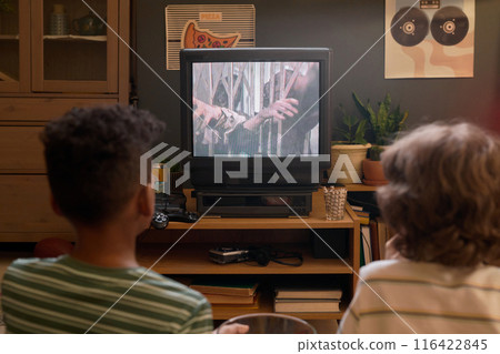 Children Watching TV in Cozy Retro Living Room Children Watching TV in Cozy Retro Living Room 116422845