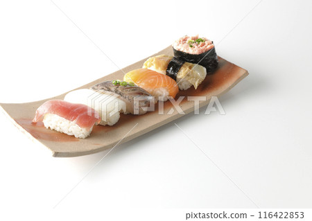 Nigiri sushi set photographed on white background Nigiri sushi set photographed on white background 116422853