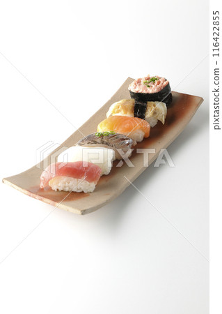 Nigiri sushi set photographed on white background Nigiri sushi set photographed on white background 116422855