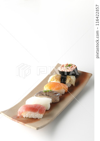 Nigiri sushi set photographed on white background Nigiri sushi set photographed on white background 116422857