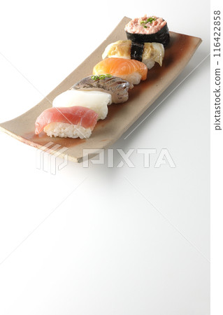 Nigiri sushi set photographed on white background Nigiri sushi set photographed on white background 116422858