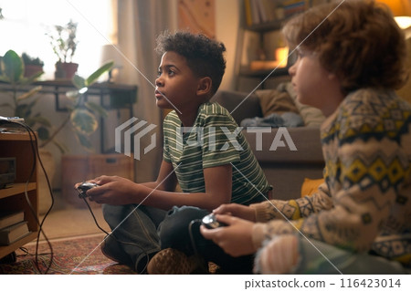 Boys Playing Retro Video Game in Cozy Living Room Boys Playing Retro Video Game in Cozy Living Room 116423014