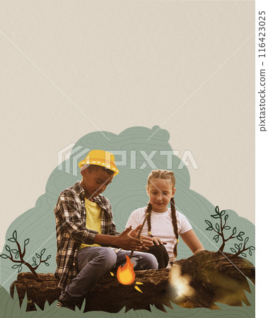 Two children sit together on log, making campfire. Adventurous and exploratory spirit of summer camping. Contemporary art collage. 116423025