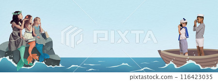 Three mermaid girls sit on rock, while two boys in sailor outfits looking at them from boat with binoculars. Imagination. Contemporary art collage Three mermaid girls sit on rock, while two boys in sailor outfits looking at them from boat with binoculars. Imagination. Contemporary art collage 116423035