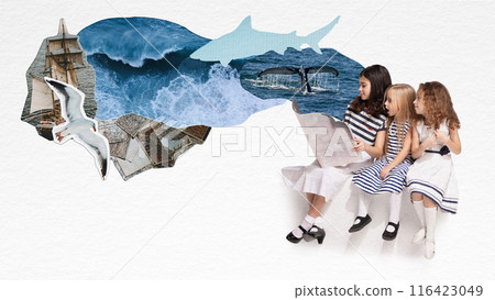Three young girls in sailor dresses sit together, reading map. Maritime adventures, ships, waves, sea creatures, and maps. Geography. Contemporary art collage. Three young girls in sailor dresses sit together, reading map. Maritime adventures, ships, waves, sea creatures, and maps. Geography. Contemporary art collage. 116423049