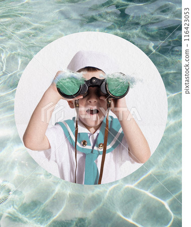 Young boy dressed as sailor looking through binoculars that reflect waves. Childhood curiosity. Contemporary art collage. Young boy dressed as sailor looking through binoculars that reflect waves. Childhood curiosity. Contemporary art collage. 116423053