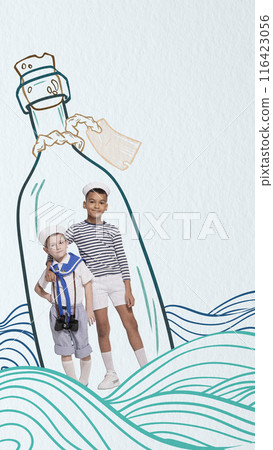 Two young boys in sailor outfits stand inside large bottle, floating on abstract waves. Contemporary art collage. 116423056
