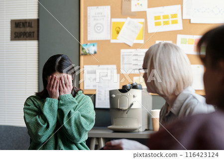Crying woman covering face with hands Crying woman covering face with hands 116423124