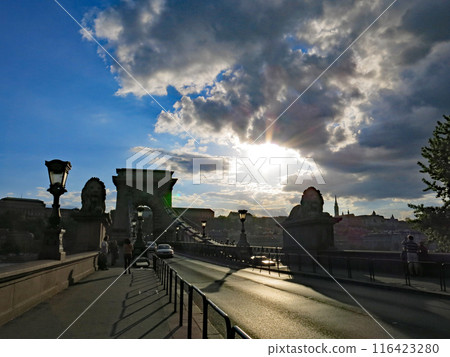 Evening view of the UNESCO World Heritage Szechenyi Chain Bridge, Budapest, Hungary Evening view of the UNESCO World Heritage Szechenyi Chain Bridge, Budapest, Hungary 116423280