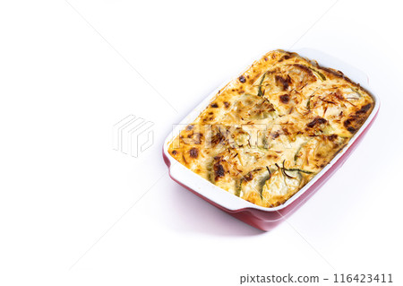 Casserole with cheese and gratin zucchini isolated on white background Casserole with cheese and gratin zucchini isolated on white background 116423411