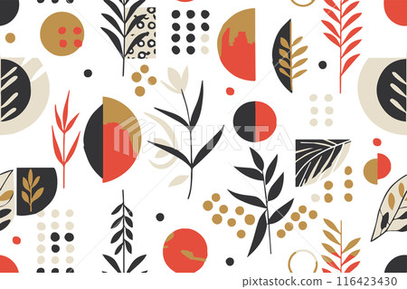 Natural floral leaves shapes seamless pattern. Rustic color cartoon isolated textile print pattern. Vector illustration on background 116423430