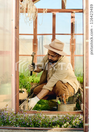 Fixing wooden board on flowerbed border Fixing wooden board on flowerbed border 116423489
