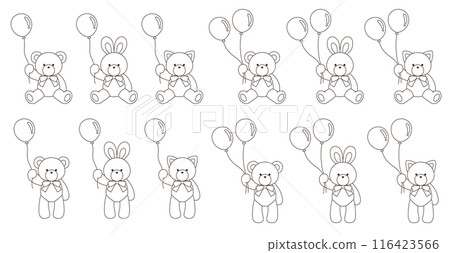 Vector illustration set of cute bear, rabbit and cat stuffed animals with ribbons holding balloons Icon 116423566