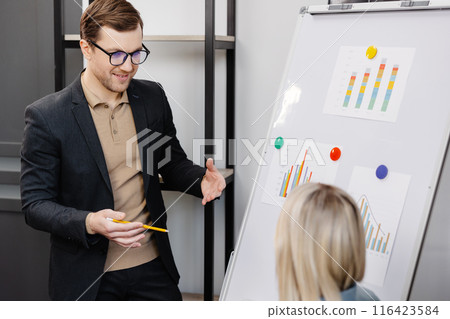 Confident business coach gives presentation on flip chart. A young woman and a man are talking and discussing business project schedules in the office Confident business coach gives presentation on flip chart. A young woman and a man are talking and discussing business project schedules in the office 116423584
