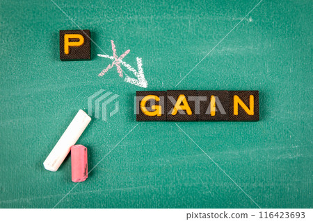 Gain Concept. Old letter tiles on a green chalkboard background 116423693