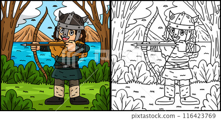 Viking with a Bow and Arrow Coloring Illustration 116423769