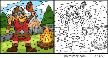 Viking Eating Meat Coloring Page Illustration 116423775