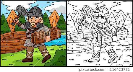 Viking with Wood Planks Coloring Illustration 116423781