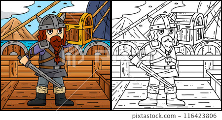 Viking with Loot Coloring Colored Illustration 116423806