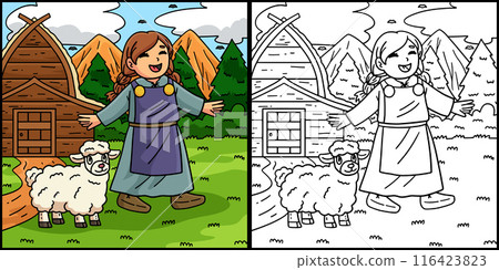 Viking Child with Sheep Coloring Page Illustration Viking Child with Sheep Coloring Page Illustration 116423823