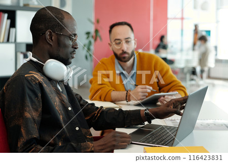 Colleagues Collaborating on Laptop in Modern Office Colleagues Collaborating on Laptop in Modern Office 116423831