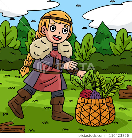Viking with Basket of Harvest Colored Cartoon Viking with Basket of Harvest Colored Cartoon 116423836