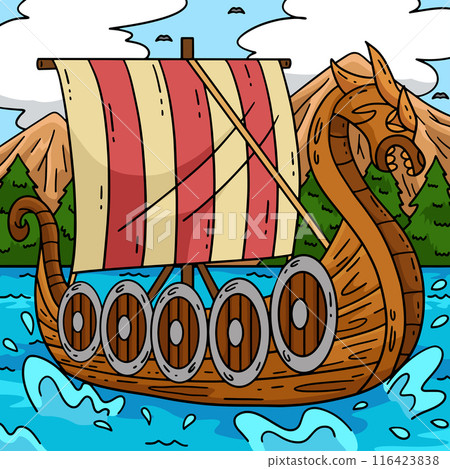 Viking Ship Colored Cartoon Illustration 116423838