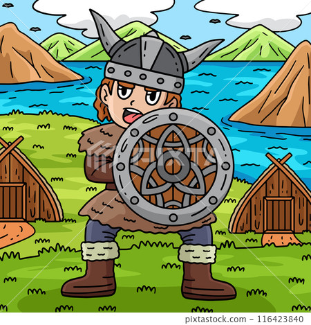 Viking with a Shield Colored Cartoon Illustration 116423840