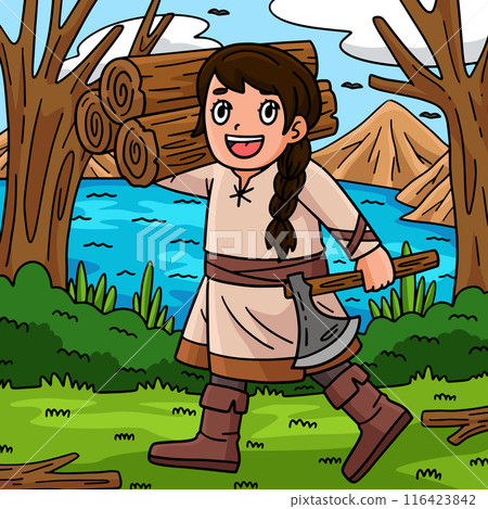 Viking with an Axe and Wood Colored Cartoon  116423842