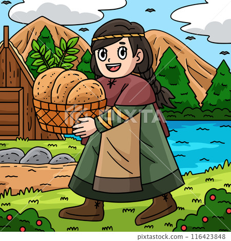 Viking Child with Basket of Bread Colored Cartoon Viking Child with Basket of Bread Colored Cartoon 116423848