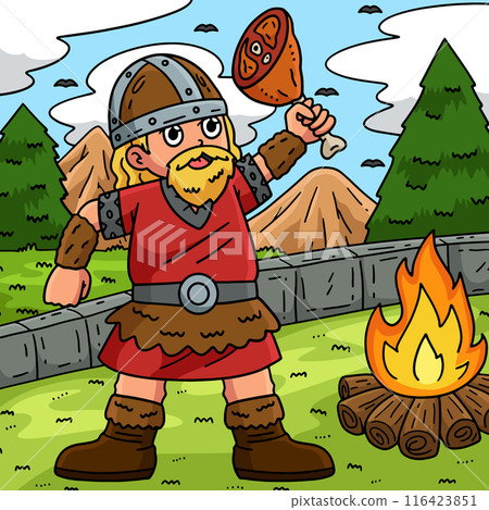 Viking Eating Meat Colored Cartoon Illustration 116423851