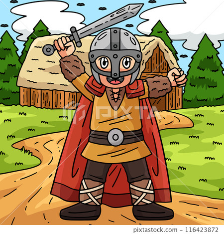 Viking Raising Sword Colored Cartoon Illustration 116423872