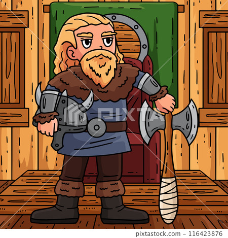 Viking Holding an Axe and Helmet Colored Cartoon 116423876