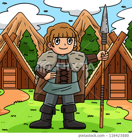 Viking with a Spear Colored Cartoon Illustration 116423880