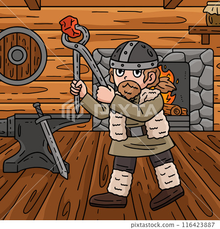 Viking Working in the Forge Colored Cartoon  116423887