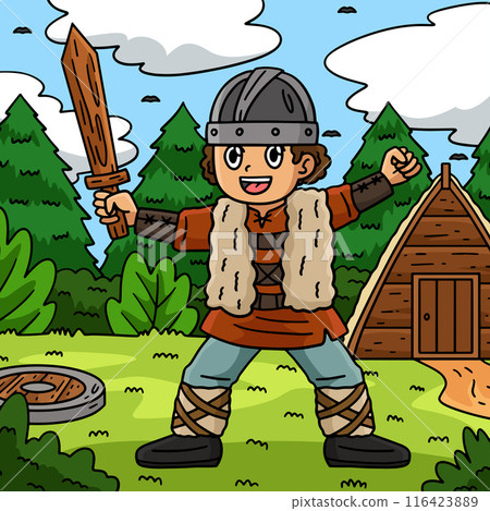 Viking Child with a Wooden Sword Colored Cartoon Viking Child with a Wooden Sword Colored Cartoon 116423889
