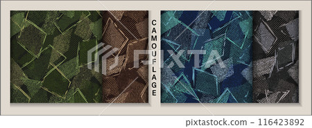 Seamless blue camouflage patterns with random scattered overlapping tulle pieces, patches, outline geometric shapes. Random composition. For apparel, fabric, textile, sport goods Grunge texture 116423892
