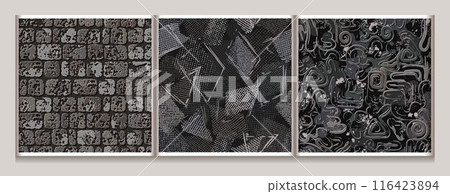Seamless gray camouflage patterns with brick stone wall, scattered mesh tulle patches, abstract wavy lines, splattered paint. For apparel, fabric, textile, sport goods design. Seamless gray camouflage patterns with brick stone wall, scattered mesh tulle patches, abstract wavy lines, splattered paint. For apparel, fabric, textile, sport goods design. 116423894