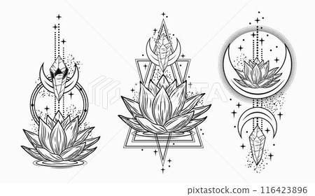 Esoteric monochrome labels with lotus flower, crescent moon, text. Vintage mystical illustrations on white background. For clothing, apparel, T-shirts, surface decoration. 116423896