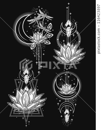 Esoteric monochrome labels with lotus flower, crescent moon, text. Vintage mystical illustrations on black background. For clothing, apparel, T-shirts, surface decoration. 116423897
