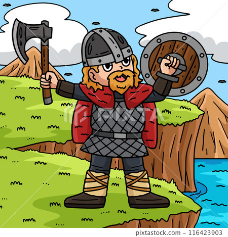 Viking Raising Axe Colored Cartoon Illustration 116423903