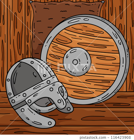 Viking Helmet and Shield Colored Cartoon  116423908