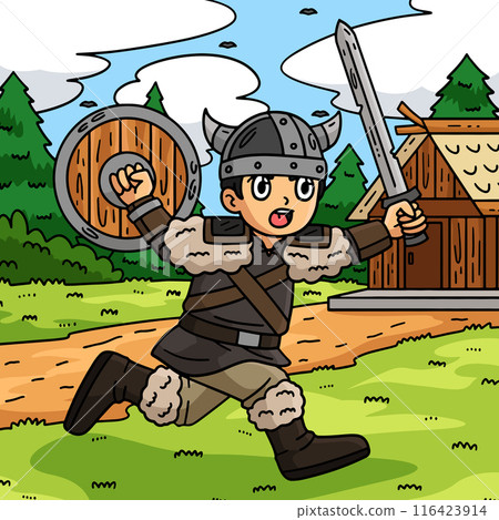 Viking Warrior Charging Colored Cartoon I 116423914