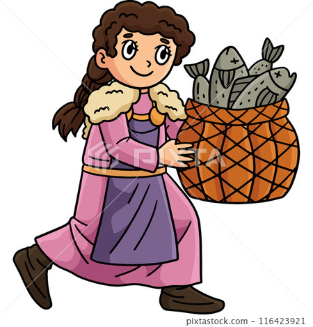 Viking Girl with a Basket of Fish Cartoon Clipart  116423921