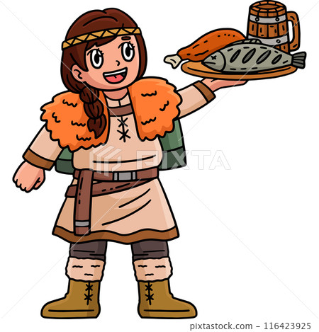 Viking Serving a Meal Cartoon Colored Clipart  116423925