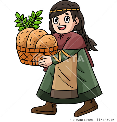 Viking Child with Basket of Bread Cartoon Clipart 116423946